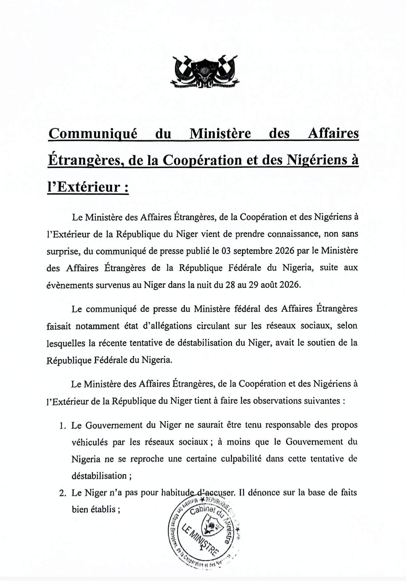 evenements du 28 au 29 aout le niger repond au communique du nigeria 1