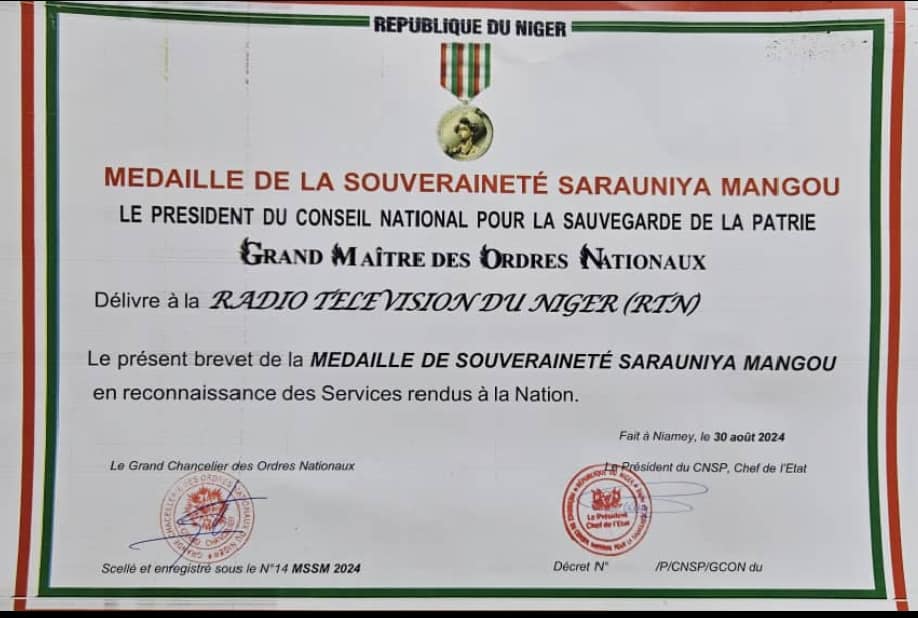 Rtn medaille de la souverainete Niger